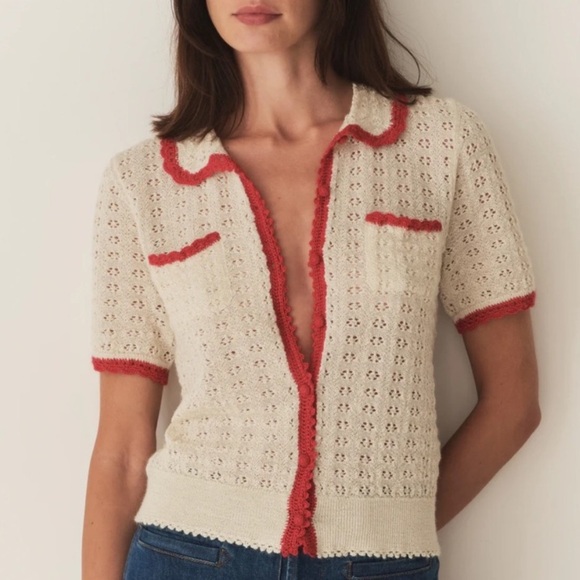 Doen Tops - Doen Gloriana Alpaca Silk Collar Crochet Knit Button Sweater Top Moonstone Red